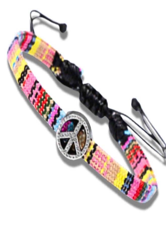 Soul Statement Boho Colorful Woven Cloth Surfer Bracelets with Peace Sign Charm - Adjustable Sizing, Converts into Anklet or Bracelet, Stackable - Dainty Beaded Bracelets and Anklets for Women Waterproof - Trendy Summer Jewelry (Colorful Pink Peace Sign) - Image 1