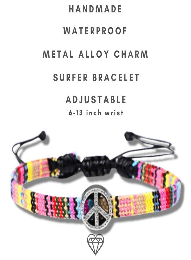 Soul Statement Boho Colorful Woven Cloth Surfer Bracelets with Peace Sign Charm - Adjustable Sizing, Converts into Anklet or Bracelet, Stackable - Dainty Beaded Bracelets and Anklets for Women Waterproof - Trendy Summer Jewelry (Colorful Pink Peace Sign) - Image 2