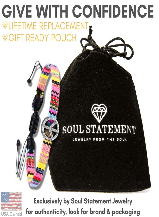 Soul Statement Boho Colorful Woven Cloth Surfer Bracelets with Peace Sign Charm - Adjustable Sizing, Converts into Anklet or Bracelet, Stackable - Dainty Beaded Bracelets and Anklets for Women Waterproof - Trendy Summer Jewelry (Colorful Pink Peace Sign) - Image 3
