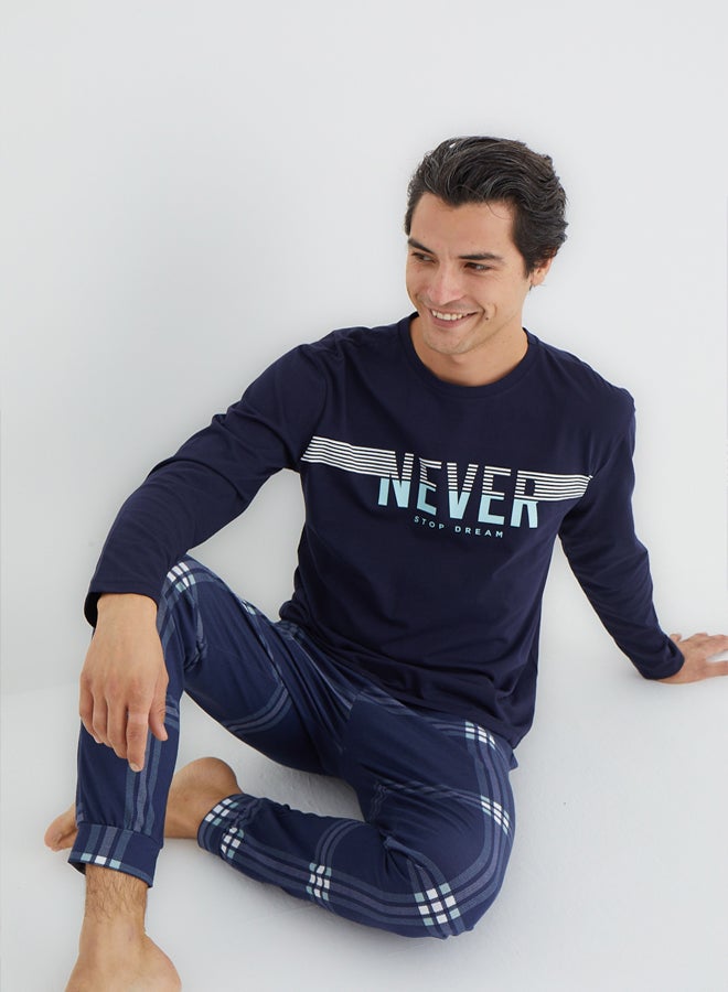 trendyol Navy Blue Regular Fit Plaid Knitted Pajamas Set - Image 4