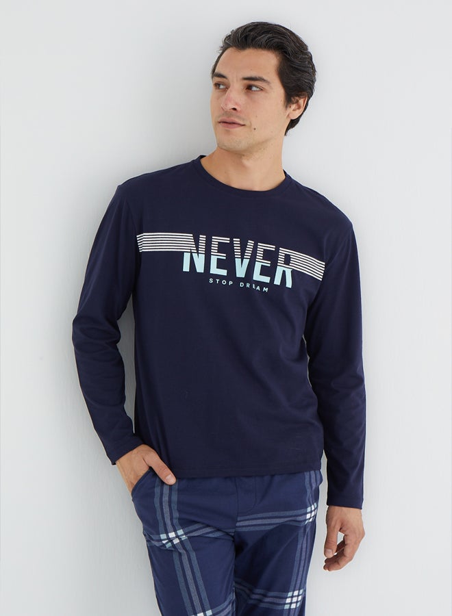 trendyol Navy Blue Regular Fit Plaid Knitted Pajamas Set - Image 3