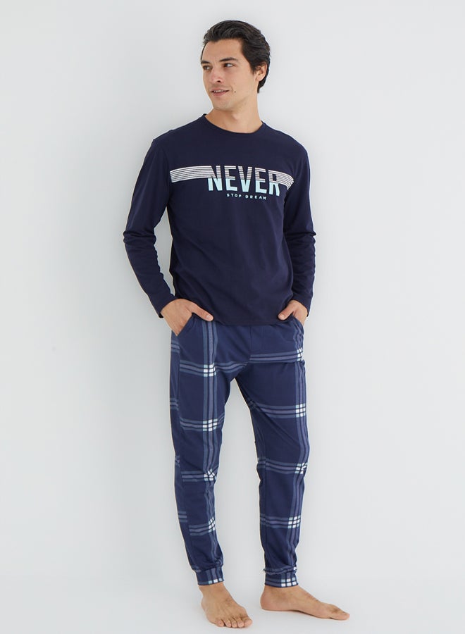 trendyol Navy Blue Regular Fit Plaid Knitted Pajamas Set - Image 2