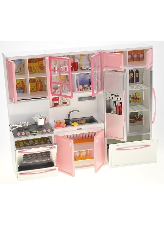 PowerTRC PowerTRC Doll Kitchen Play Set, Mini Modern Toy Pink Kitchen Pretend Play Furnitures Toy Set Accessories Set with Realistic Light & Sound for Kids Toddlers Girls (3-in-1)  - Image 1