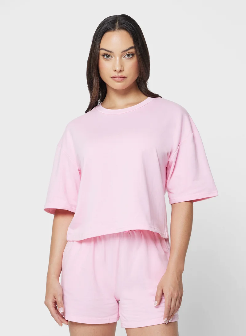 جينجر بيسيكس Cotton Blend Oversize T-shirt &amp; Sweatshort Set
