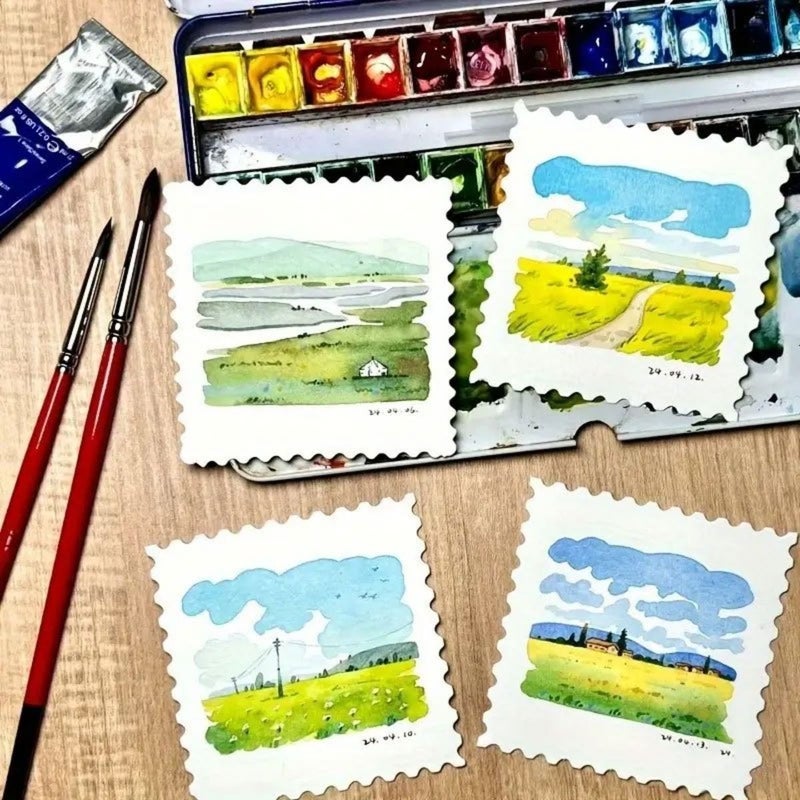 25 Sheets Hand Painted Stamp Shaped Watercolor Paper 3.94 3.94 Inch for Scrapbooking - Image 2