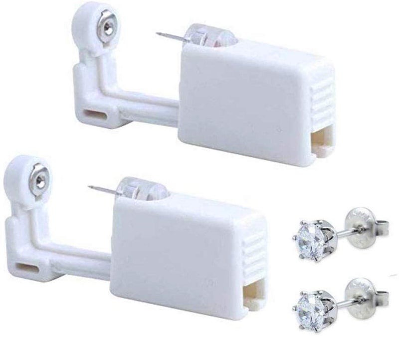 2 Pack Self Ear Piercing Gun Earring Disposable Piercing Kit No Pain Easy Use Ear Piercing Gun Kit Tool with Stud White