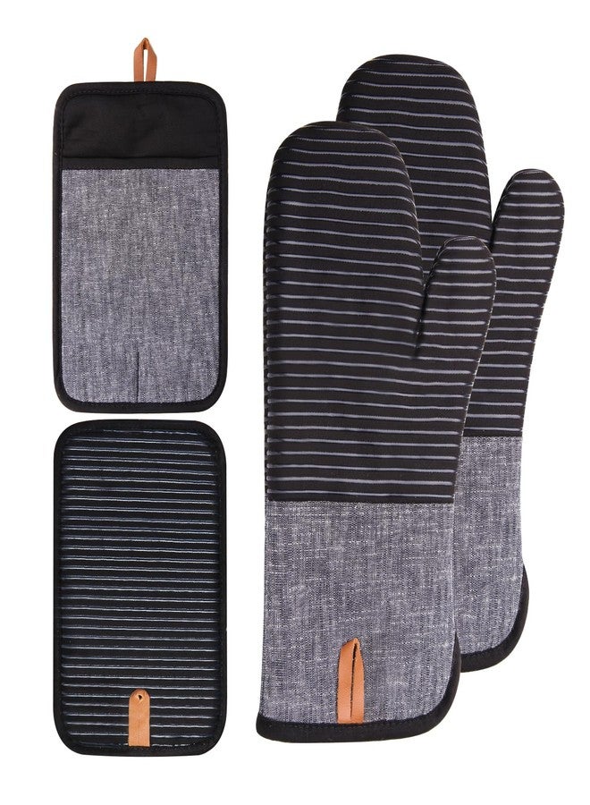 TIPTAP 4PCS TIPTAP Oven Mitts, Kitchen Oven Mitts Set, Non Slip Cotton Oven Mitt and Pot Holders,Heat Resistant, Machine Washable,2 Long Mit and 2 Pot Holder(Black) - Image 1