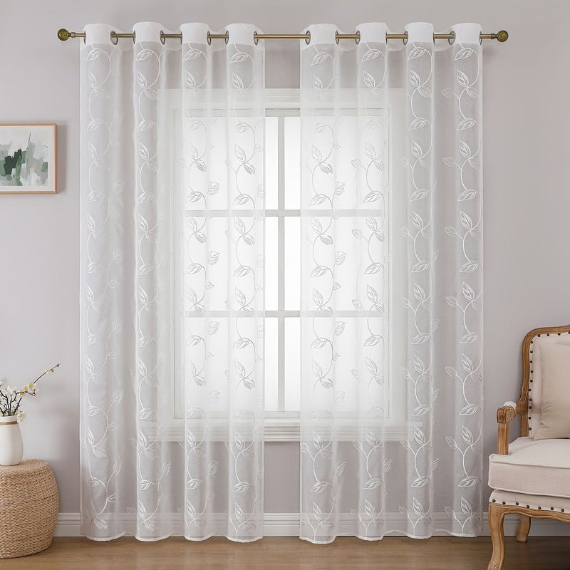 2 Pieces White Leaf Embroidered Semi Transparent Curtains 60x120 Nordic Decor - Image 1