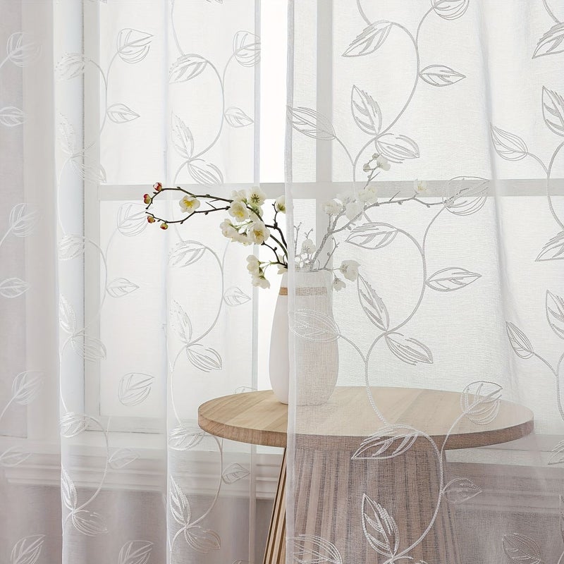 2 Pieces White Leaf Embroidered Semi Transparent Curtains 60x120 Nordic Decor - Image 5