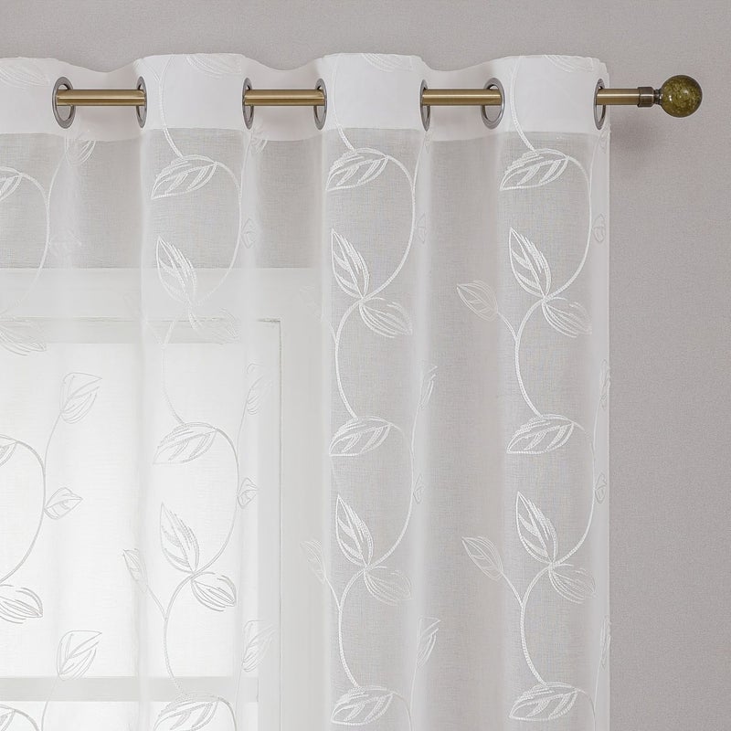 2 Pieces White Leaf Embroidered Semi Transparent Curtains 60x120 Nordic Decor - Image 2