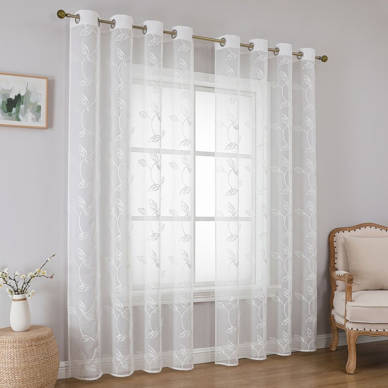 2 Pieces White Leaf Embroidered Semi Transparent Curtains 60x120 Nordic Decor - Image 3