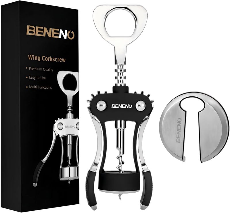 Beneno فتاحة نبيذ بينينو مع قاطع رقائق نبيذ من الفولاذ المقاوم للصدأ - قاطع ختم أعلى الزجاجة، فتاحة فلين مجنحة متميزة من سبائك الزنك مع فتاحة زجاجات متعددة الوظائف، مجموعة سوداء مطورة - Image 1