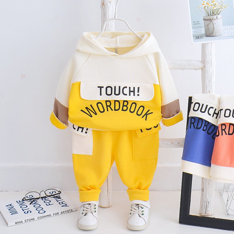 Boys Spring and Autumn new childrens sports leisure loose hoodie long-sleeved sweater childrens clothing two-piece set Wholesale touch Yellow 