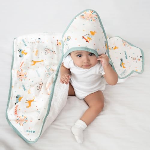 haus & kinder Terry Muslin Hooded Towel for Newborns (0–12 Months) – 80x80 cm, Blue, Jungle Party Design 1 Piece - Image 1