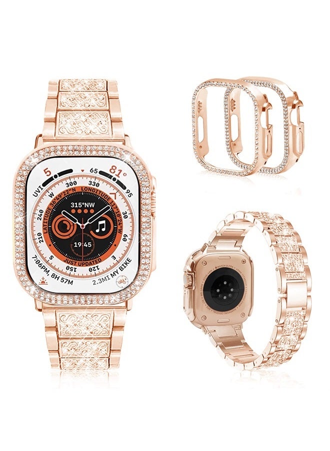 Mosonio حزام ساعة آبل الترا 49 مم متوافق مع علبة للنساء، حزام معصم معدني بديل مع 2 حزمة غطاء واقي من PC لساعة آبل الترا 49 مم (ذهب وردي) - Image 1