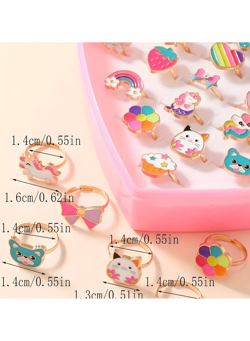 LIXADA 36pcs Cute Cartoon Princess Theme Adjustable Rings Set for Girls, Zinc Alloy, Mixed Color Enamel Oil Drop Design Jewelry, Gift for Kids Age 3+ (Random Color)  - Image 4