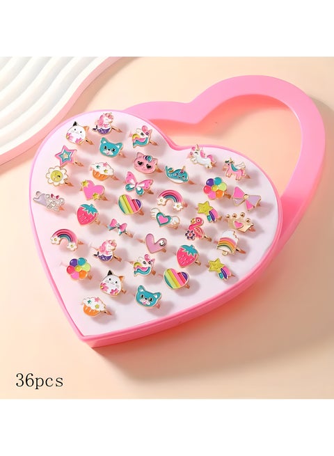 طقم خواتم قابل للتعديل مكون من 36 قطعة كارتون لطيف على شكل أميرة كرتونية للبنات، سبائك الزنك، مجوهرات بتصميم قطرات زيتية مختلطة الألوان، هدية للأطفال من سن 3 سنوات فأكثر (لون عشوائي)