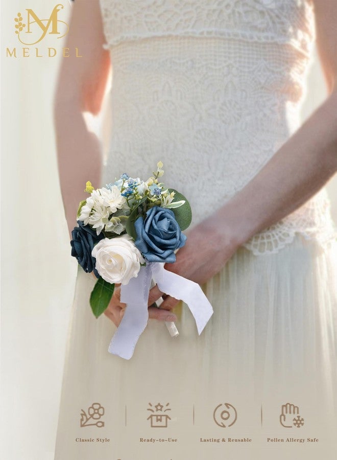 Meldel Wedding Flowers Mini Bridesmaid Bride Bouquets White Blue Set of 6 Small Floral Wedding Centerpieces Decor Artificial Flower - Image 3