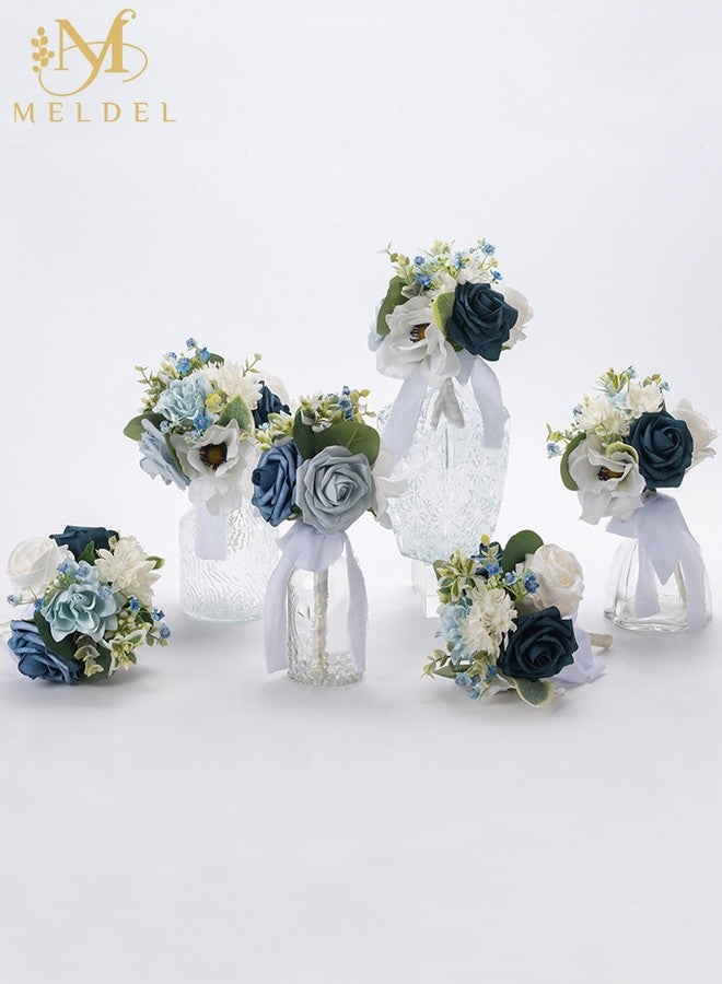 Meldel Wedding Flowers Mini Bridesmaid Bride Bouquets White Blue Set of 6 Small Floral Wedding Centerpieces Decor Artificial Flower - Image 4