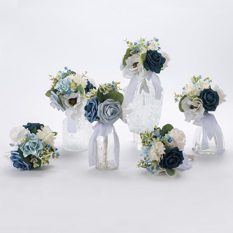 Meldel Wedding Flowers Mini Bridesmaid Bride Bouquets White Blue Set of 6 Small Floral Wedding Centerpieces Decor Artificial Flower - Image 1