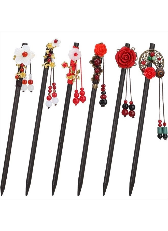 WILLBOND 6 Pieces Chinese Wood Hair Sticks Japanese Vintage Tassel Hair Chopsticks Retro Flower Hairpins Handmade Wooden Hair Pins Classic Hair Accessories for Women Girls Long Curly Hair (Vintage Pattern)  - Image 1