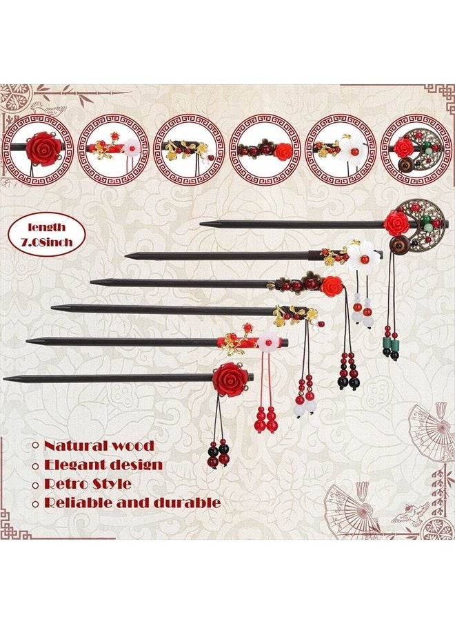 WILLBOND 6 Pieces Chinese Wood Hair Sticks Japanese Vintage Tassel Hair Chopsticks Retro Flower Hairpins Handmade Wooden Hair Pins Classic Hair Accessories for Women Girls Long Curly Hair (Vintage Pattern)  - Image 2