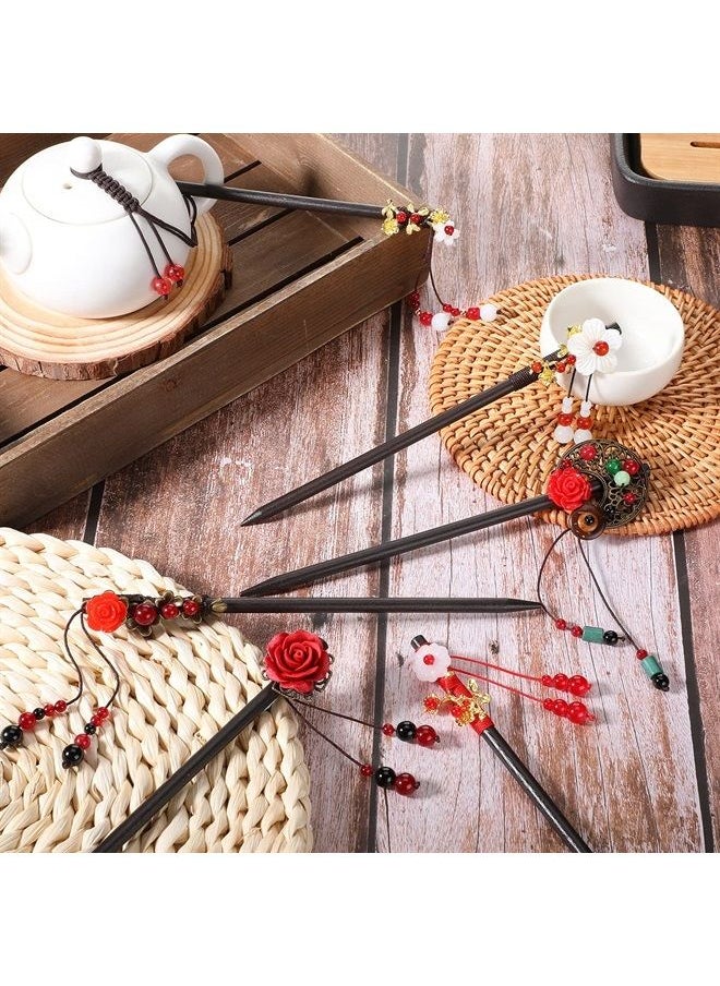 WILLBOND 6 Pieces Chinese Wood Hair Sticks Japanese Vintage Tassel Hair Chopsticks Retro Flower Hairpins Handmade Wooden Hair Pins Classic Hair Accessories for Women Girls Long Curly Hair (Vintage Pattern)  - Image 4