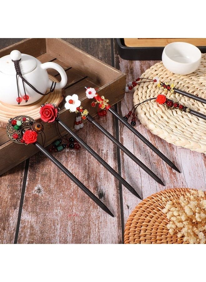 WILLBOND 6 Pieces Chinese Wood Hair Sticks Japanese Vintage Tassel Hair Chopsticks Retro Flower Hairpins Handmade Wooden Hair Pins Classic Hair Accessories for Women Girls Long Curly Hair (Vintage Pattern)  - Image 5