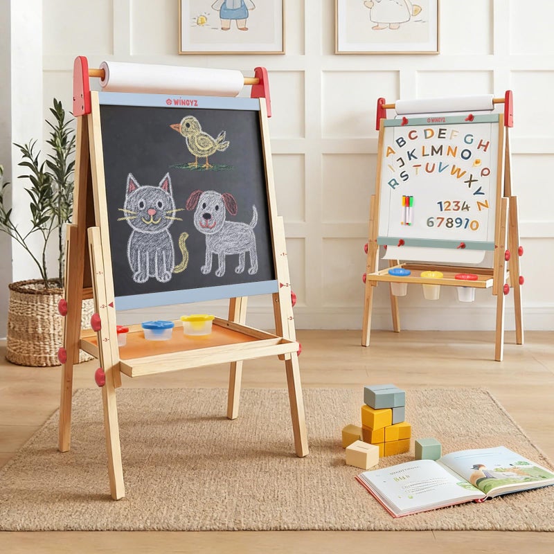WINGYZ 3in1 Art Easel for Kids Sturdy Pine Wood Easel with Magnetic Whiteboard Chalkboard 400 Paper Roll Foldable Adjustable Heights for Ages 212 Complete ToolFree Art Station - Image 2