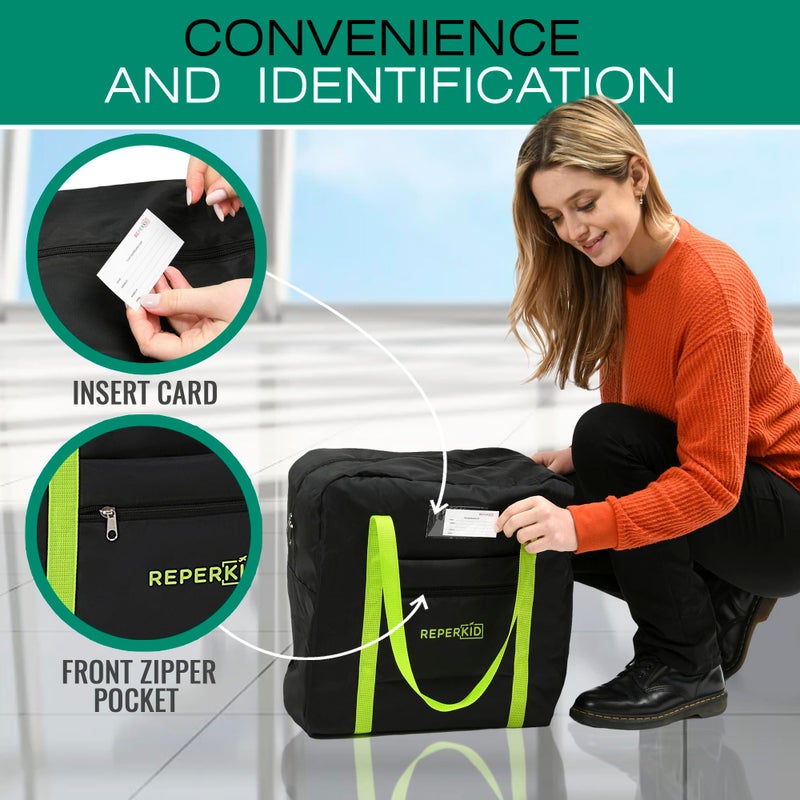 Reperkid Booster Seat Travel Bag for Airplane, Black and Green, 17" H x 16.5" W x 9.5" D, Compatible with Gb Pockit Stroller & Most Boostersâ€“ Premium Waterproof Cover, Hand Bag Design, Durable Zipper - Image 3