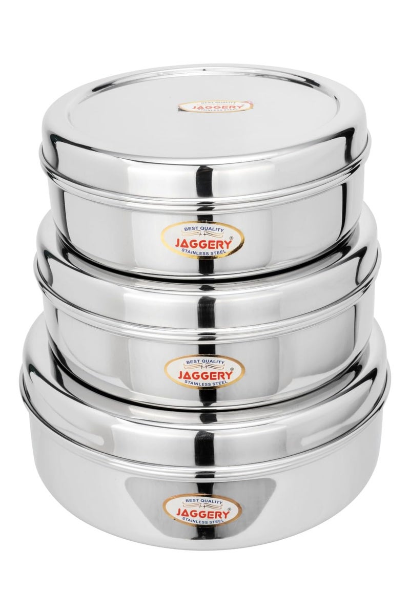 JAGGERY® Stainless Steel Container 3 Pcs Set, Puri Dabba Round Shape -Capacity-800ml,1000ml,1300ml, (Dia-17cm,18.5cm,20cm) useful to Keep Roti,Chapati and parantha - Image 1