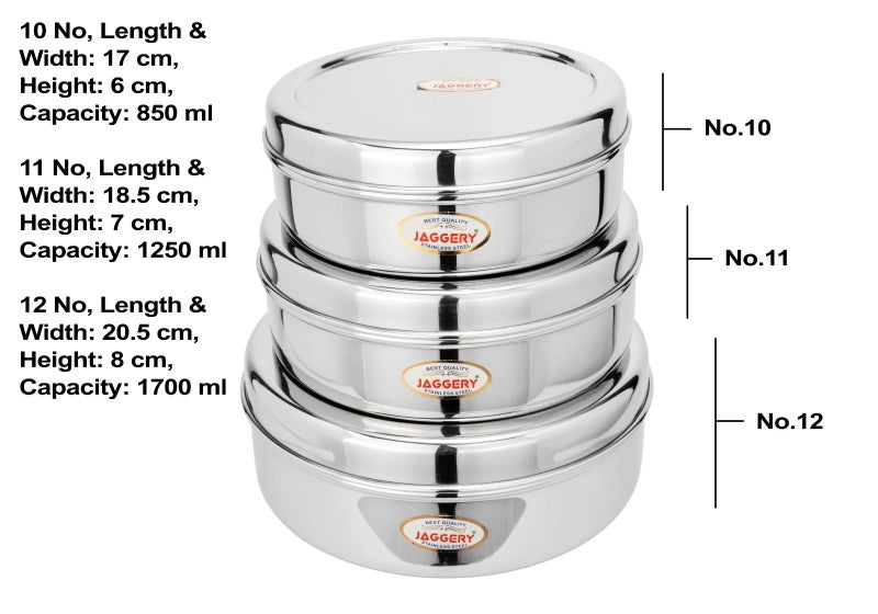JAGGERY® Stainless Steel Container 3 Pcs Set, Puri Dabba Round Shape -Capacity-800ml,1000ml,1300ml, (Dia-17cm,18.5cm,20cm) useful to Keep Roti,Chapati and parantha - Image 5