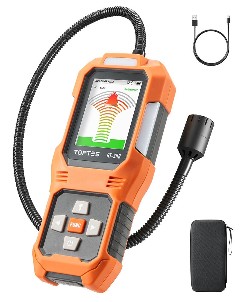 TOPTES RT389 Rechargeable Refrigerant Leak Detector HVAC Freon Leak Detector with 3 Sensitivity Modes 3 Alarm Types Air Conditioning Detection for CFCs HCFCs HFCs HFOs HCs Orange