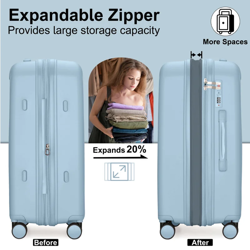 Cabinpro grey blue Unisex Expandable Large Checked PP Fashion Trolley Lightweight Hard Shell Spinner luggage with 360° Degree 4 Twin Wheel and Double Zippers CP003 Grey Blue  | Best Price UAE