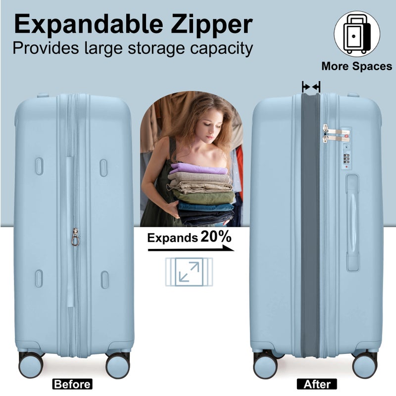 CABINPRO Unisex Expandable Large Checked PP Fashion Trolley Lightweight Hard Shell Spinner luggage with 360° Degree 4 Twin Wheel and Double Zippers CP003 Grey Blue - Image 4