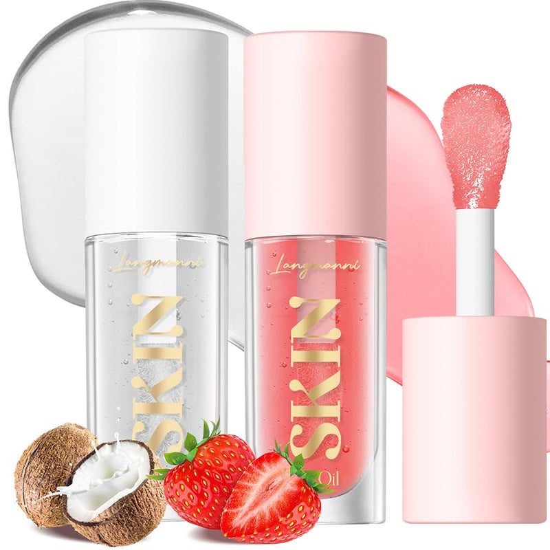 BANGFENG 2Pack Non-sticky Lip Oil, Moisturizing Glossy/Shiny Lip Gloss Oil PlumpingTint, Hydrating Lip Gloss Lip Balm, Long Lasting Nourishing Fruit Flavoure Lip Oils(Strawberry + Coconut) - Image 1