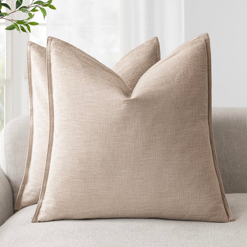 Foindtower Pack of 2 Decorative Linen Soild Throw Pillow Covers Soft Accent Cushion Case Farmhouse Neutral Pillowcase for Chair Couch Sofa Bedroom Living Room Home Decor 18 x 18 Inch Tan Beige