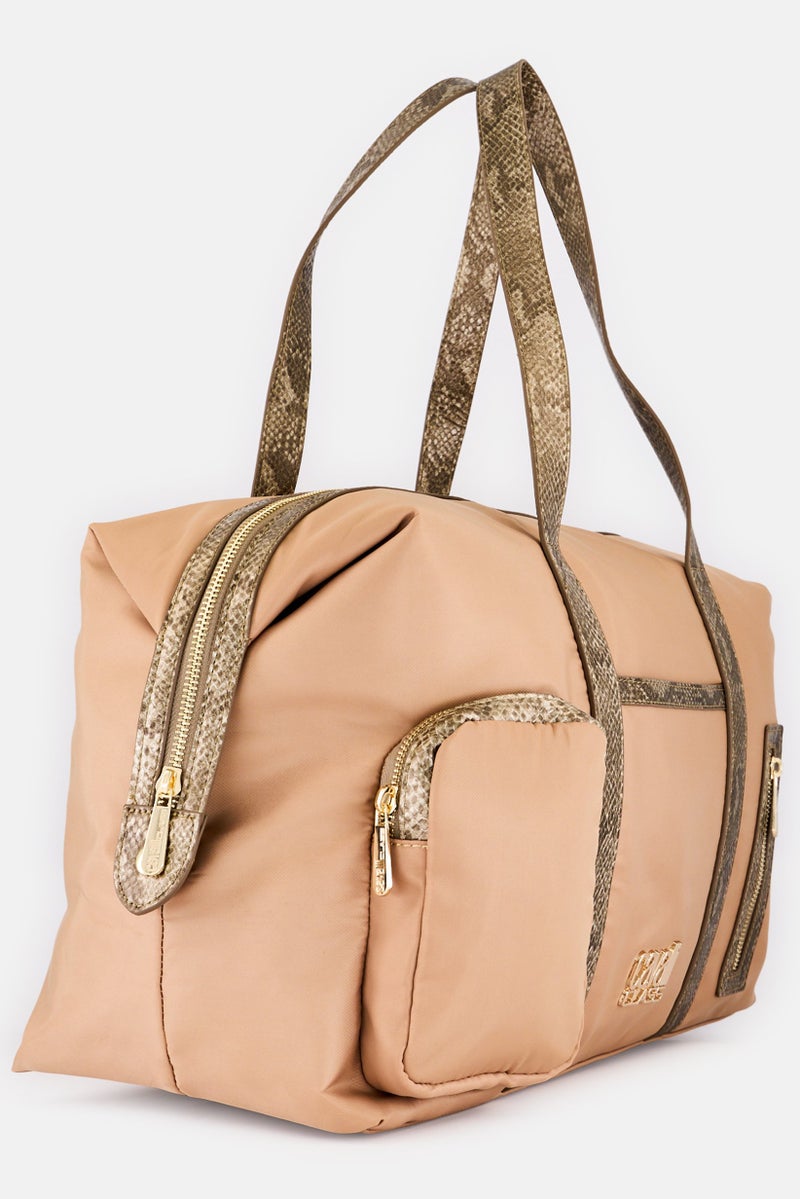 Cavalli Class Women Brand Logo Duffle Bag, Tan - Image 3