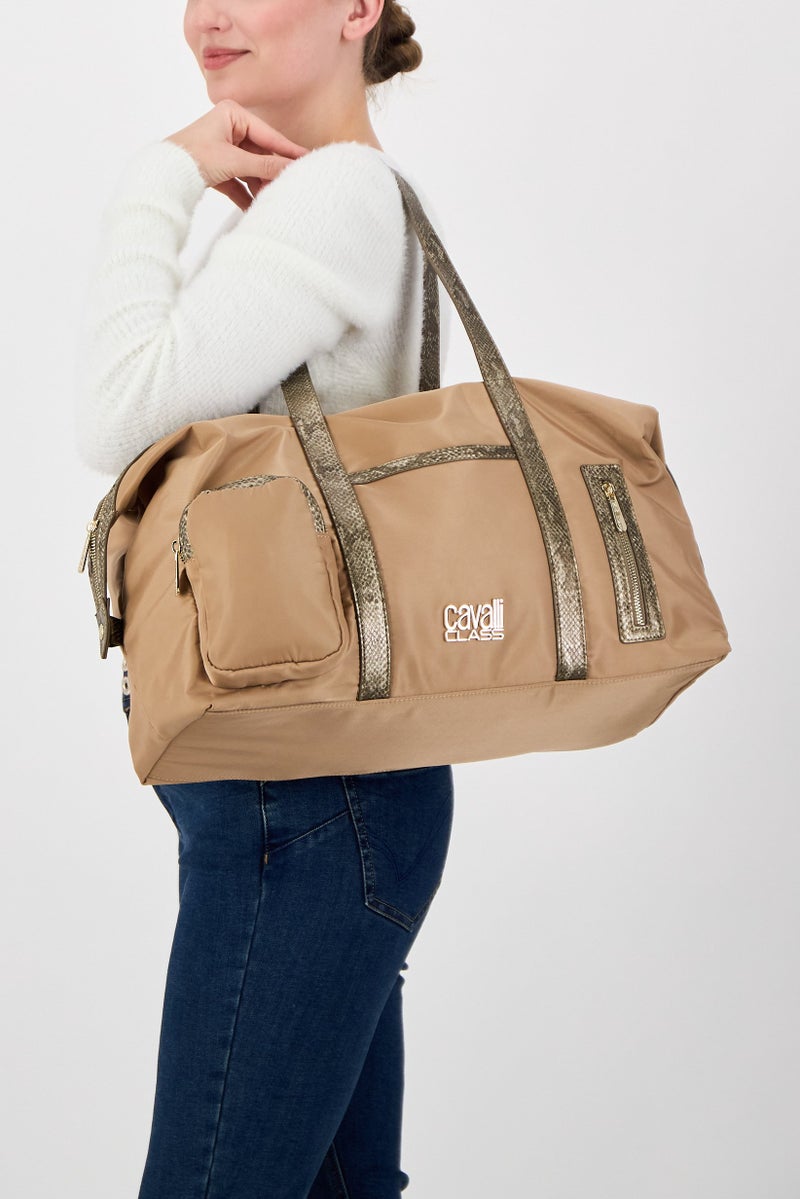 Cavalli Class Women Brand Logo Duffle Bag, Tan - Image 2