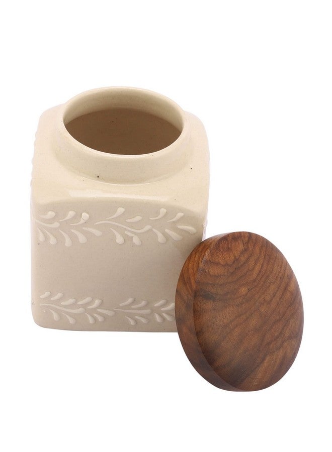 miah decor جرة تخزين الطعام من ميا ديكور سيراميك مع غطاء خشبي وختم سيليكون محكم، مثالية للشاي والقهوة والتوابل أو الوجبات الخفيفة - أبيض فاتح، (الحجم: 4X3 بوصة؛ الحجم: 500 مل) - Image 5