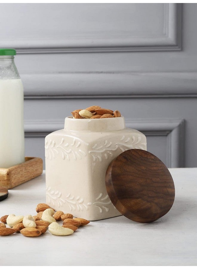 miah decor جرة تخزين الطعام من ميا ديكور سيراميك مع غطاء خشبي وختم سيليكون محكم، مثالية للشاي والقهوة والتوابل أو الوجبات الخفيفة - أبيض فاتح، (الحجم: 4X3 بوصة؛ الحجم: 500 مل) - Image 2