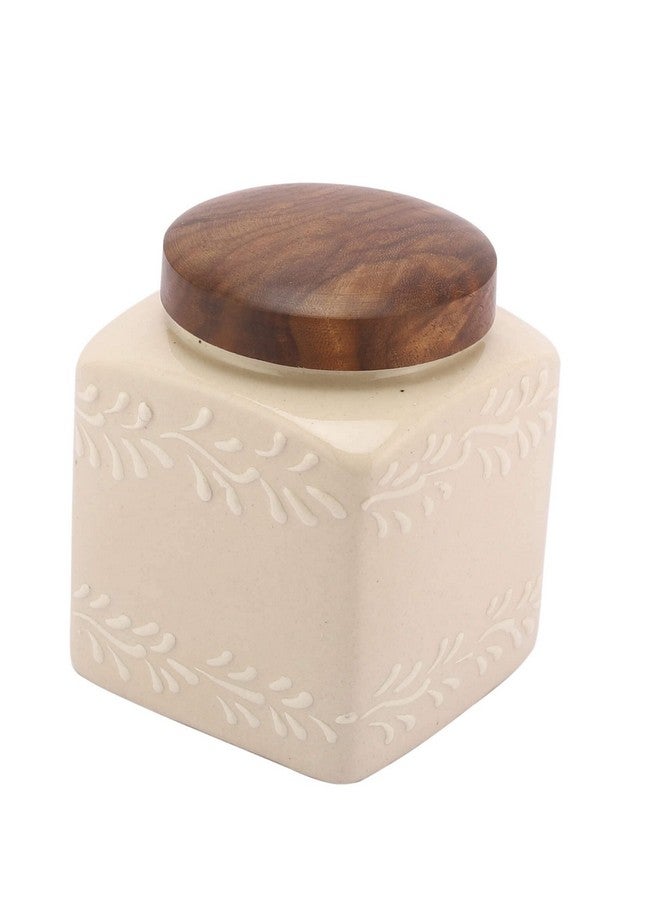 miah decor جرة تخزين الطعام من ميا ديكور سيراميك مع غطاء خشبي وختم سيليكون محكم، مثالية للشاي والقهوة والتوابل أو الوجبات الخفيفة - أبيض فاتح، (الحجم: 4X3 بوصة؛ الحجم: 500 مل) - Image 3