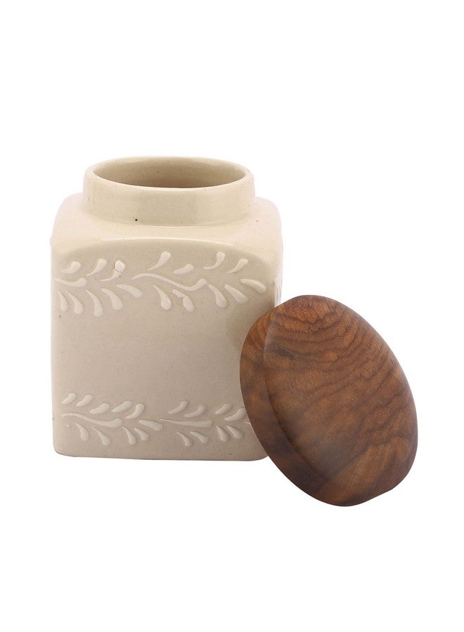 miah decor جرة تخزين الطعام من ميا ديكور سيراميك مع غطاء خشبي وختم سيليكون محكم، مثالية للشاي والقهوة والتوابل أو الوجبات الخفيفة - أبيض فاتح، (الحجم: 4X3 بوصة؛ الحجم: 500 مل) - Image 4