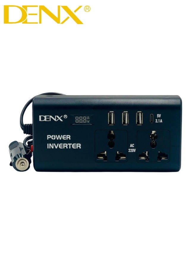 Denx Car Power Inverter, 12V to 220V, High Frequency Modified Sine Wave, 300W, Multi-Port, USB Port + Type-C Port, Plus Includes Battery Adapter - Image 2