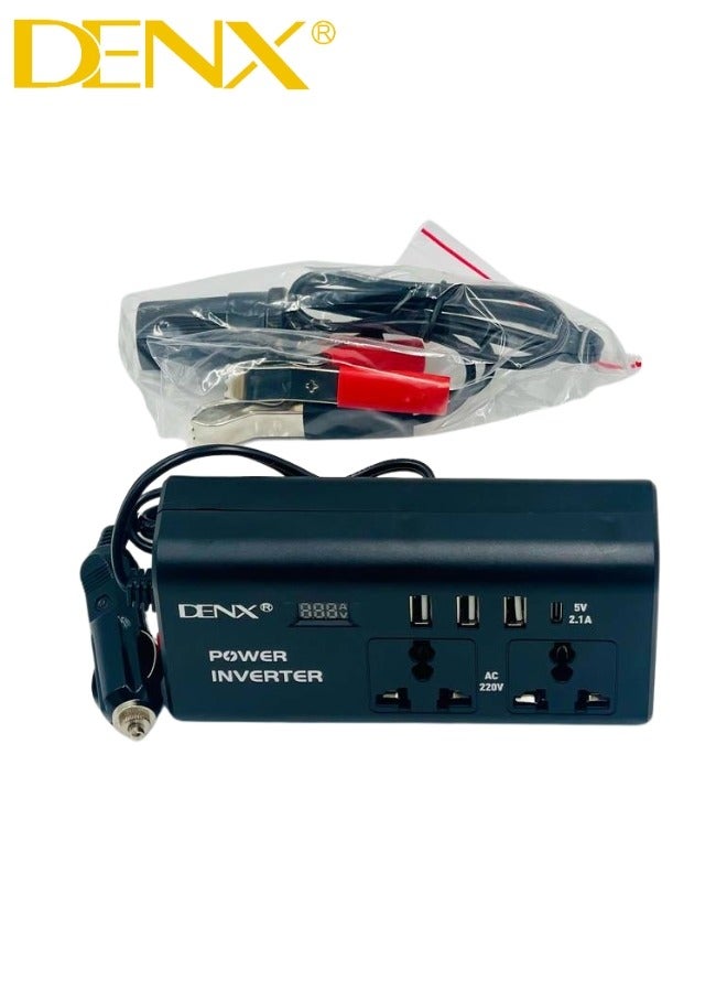 Denx Car Power Inverter, 12V to 220V, High Frequency Modified Sine Wave, 300W, Multi-Port, USB Port + Type-C Port, Plus Includes Battery Adapter - Image 3