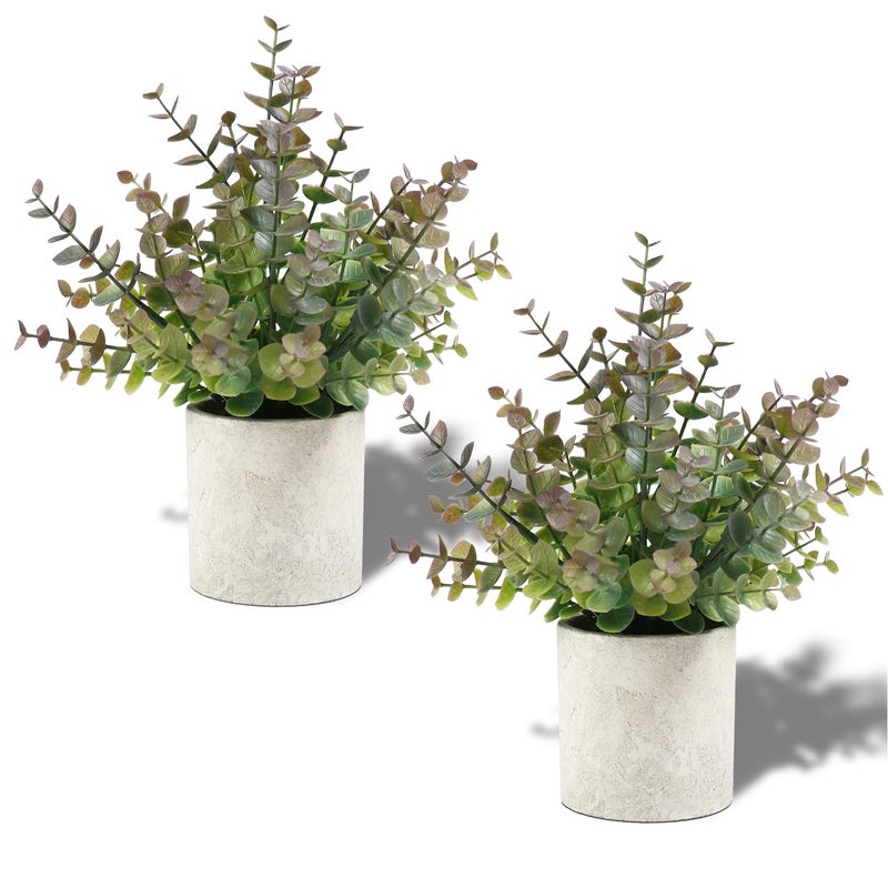 Coferset 2 Pack Small Fake Plants Eucalyptus Potted Artificial Plants for Shelf Desk Home Bathroom Farmhouse Room Coffee Table Decor (Purple) - Image 1