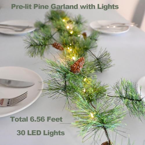 PALONMY Christmas Garland with Lights 656 FT Smokey Pine Garlands with 30 LED Fairy Lights Battery Operated Garland Lights with Pine Cones Artificial Greenery Garland Christmas Prelit Light for Home - Image 3