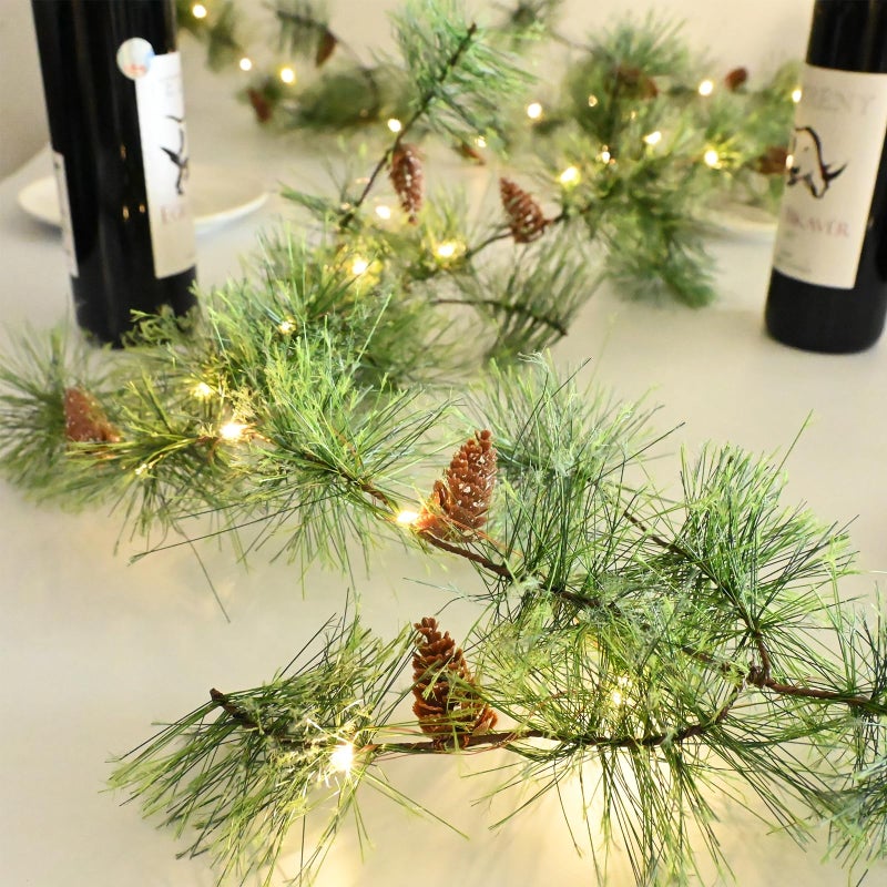 PALONMY Christmas Garland with Lights 656 FT Smokey Pine Garlands with 30 LED Fairy Lights Battery Operated Garland Lights with Pine Cones Artificial Greenery Garland Christmas Prelit Light for Home - Image 2