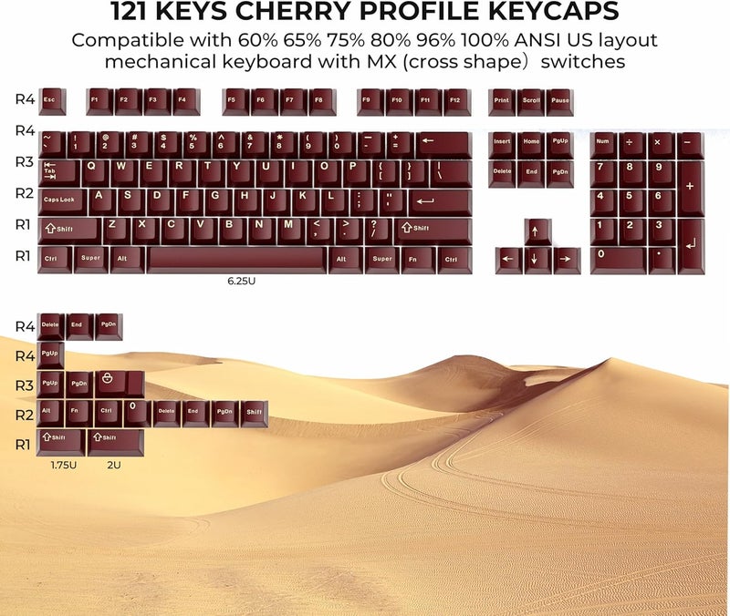 GMKWTL XVX أغطية مفاتيح حمراء، مجموعة أغطية مفاتيح PBT مزدوجة القولبة بنسبة 75%، أغطية مفاتيح لوحة المفاتيح بشكل كرز متوافقة مع تخطيط ANSI ومفاتيح MX للوحة المفاتيح الميكانيكية - Image 5