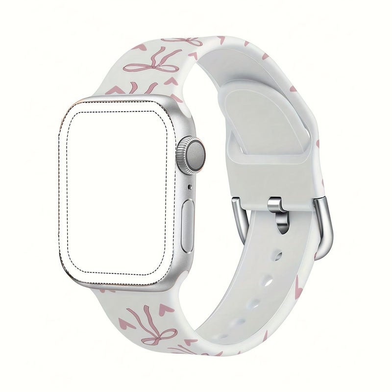 Ivory White Silicone Apple Watch Band With Bow Heart Print Case 42 44 45 49mm - Image 3